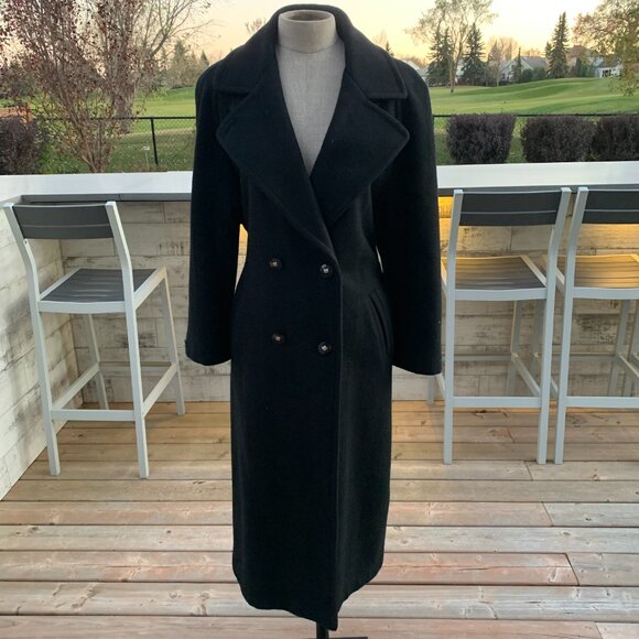 Vintage 90s Double Breasted Belted Long Maxi Overcoat Black Wool Trench Coat - Picture 8 of 16